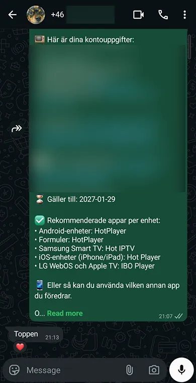 Riktig kundfeedback för Viking IPTV i Sverige med information om appar och giltighetstid.