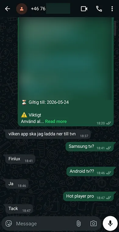 Skärmdump av WhatsApp-konversation med positivt omdöme om Viking IPTV från kund i Sverige.