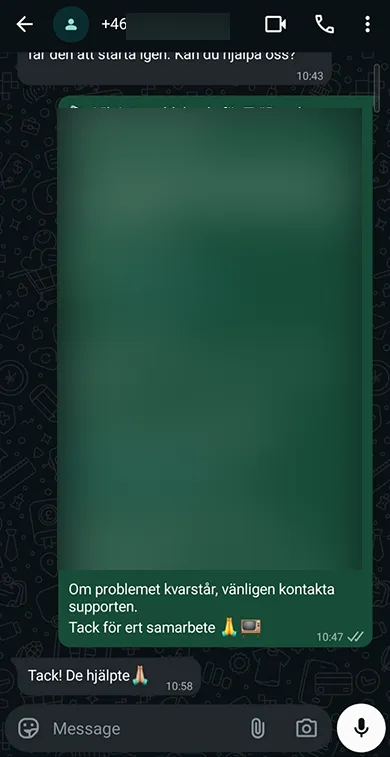 WhatsApp recension av Viking IPTV som visar aktivering och giltig prenumeration för svensk kund